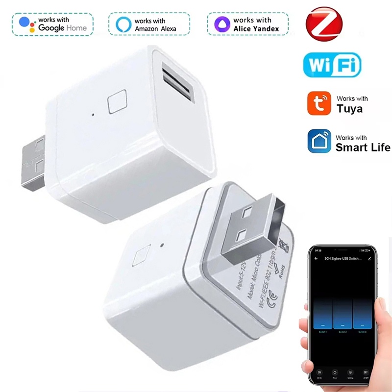 Smart Plug Mini Alexa Google - Adaptor Mikro USB Cerdas, Sakelar WiFi,
