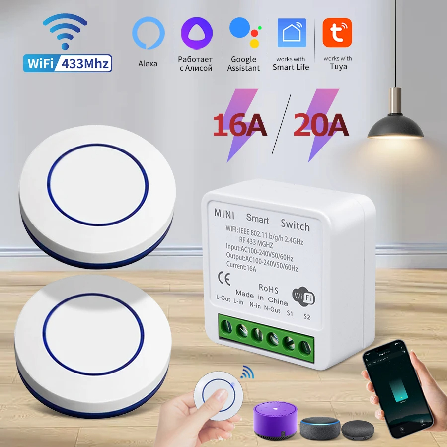 Smart Plug Mini Alexa Google - 16A RF 433Mhz Nirkabel Tuya WiFi