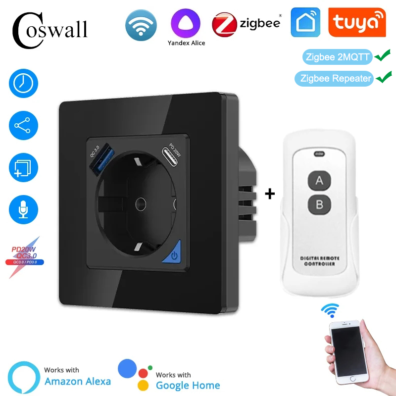 Smart Plug Zigbee 16A - Coswall Alice Glass Zigbee Tuya soket